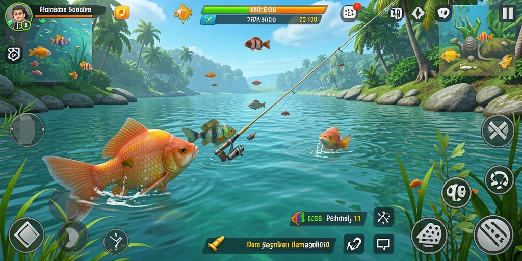 Screenshot gameplay 47F menampilkan aksi memancing yang seru.