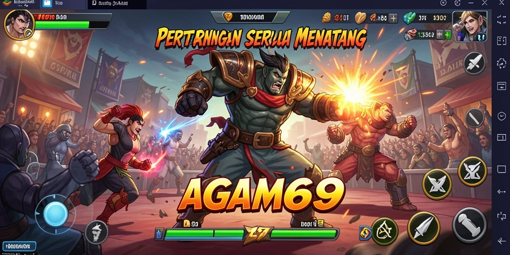 Tampilan gameplay AGAM69 dengan pertarungan epik dan karakter yang kuat.
