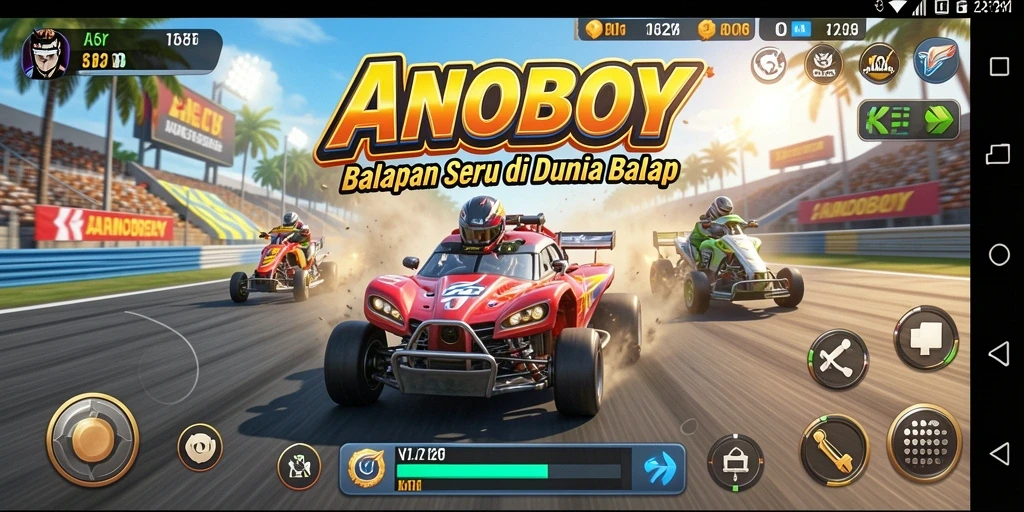 Tampilan gameplay ANOBOY dengan balap seru dan mobil kustom.