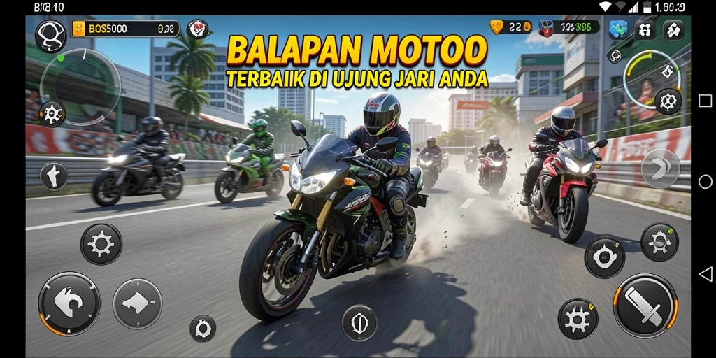 Screenshot gameplay menampilkan aksi balap motor yang mendebarkan.