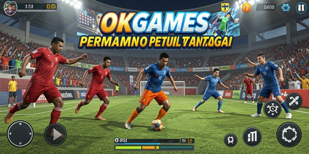 Screenshot utama OKGAMES menampilkan gameplay seru pertandingan olahraga.