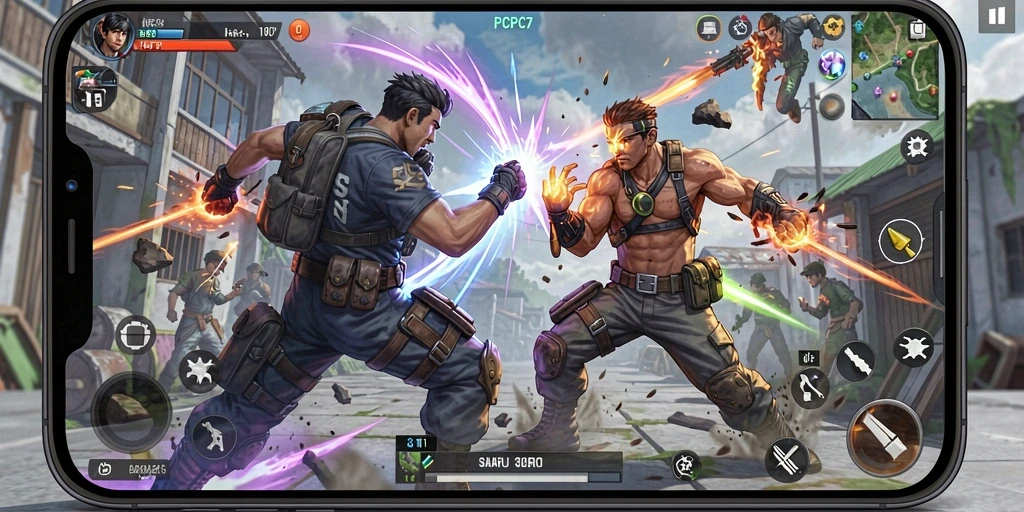 Screenshot utama PCPC7 menampilkan aksi seru dalam pertarungan.