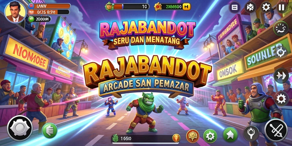 Tampilan gameplay RAJABANDOT dengan karakter dan level yang berwarna.